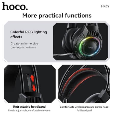 หูฟังเกมมิ่ง HOCO HK85 ดอกลำโพง 40MM ไมโครโฟน HD ถอดออกได้ แต่งไฟ RGB สายแจ็ค USB ยาว 2 เมตร_7